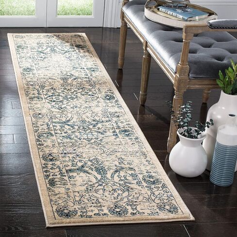 SAFAVIEH Evoke Collection 2' x 8' Navy / Beige EVK512D Oriental Distressed Non-Shedding Living Room Entryway Foyer Hallway Bedroom Runner Rug in Saudi Arabia