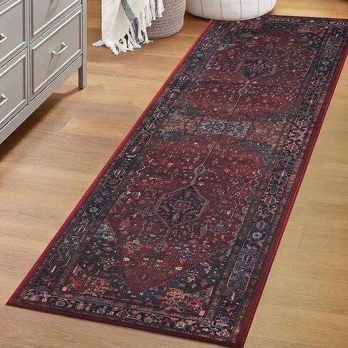 BLUENILEMILLS Indoor Runner Rug, Cotton Backing for Kids or Pets, Entry, Living Room, Kitchen, Dorm, Bedroom, Hallway, Machine Washable Rugs, Floor Cover, Vintage Home Decor, 2' 7" x 8', Red in Saudi Arabia