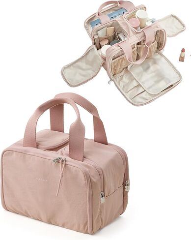 EACHY Travel Makeup Bag with Handle, Large Capacity Makeup Organizer, Waterproof Cosmetic Bag for Women, Wide-Open Design, Portable Toiletry Case for Travel, Accessories, and Essentials (Pink) in Kuwait