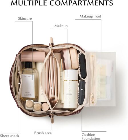 EACHY Makeup Bag, Portable 180° Wide-Open Flat Travel Toiletry Bag, Waterproof Cosmetic Bags for Women Large Capacity Makeup Pouch with Divider and Handle in Saudi Arabia