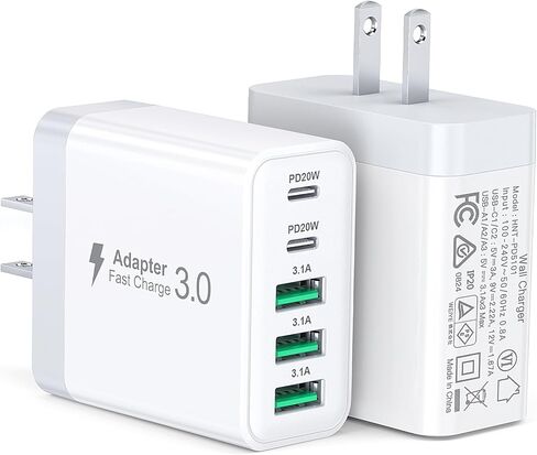 كتلة شاحن USB C، [عبوتان] 50 وات 5 منافذ USB C شاحن جداري من النوع C مكعب شحن سريع، محول طاقة متعدد المنافذ QC قابس جداري لهاتف iPhone 16 15 14 13 12 Pro Max Galaxy Tablet، أسود in Kuwait