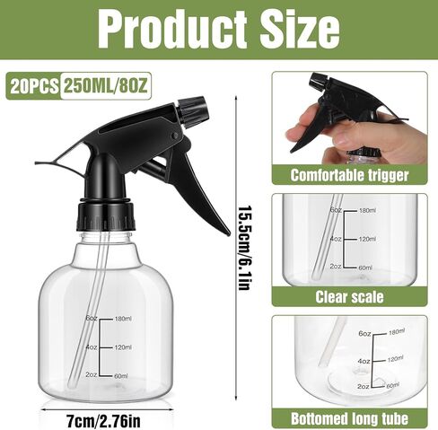 20 Pcs Empty Plastic Spray Bottles 8oz Mini Refillable Spray Bottle with Adjustable Nozzle Black Sprayers Small Spray Bottles with Scale for Cleaning, Hair, Plant, Kitchen in Kuwait