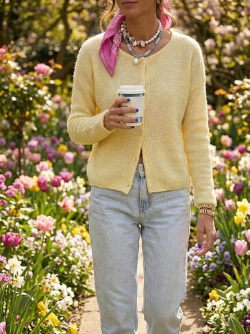 Women’s Long Sleeve Knit Cardigan, Button Front Crew Neck Lightweight Layering Sweater for Daily Outfits in Saudi Arabia