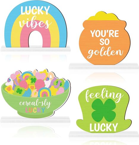 St. Patrick's Day Centerpieces - Lucky Charms Wooden Tiered Tray Signs Table Decorations, Cereal-sly Green Clover Detachable Table Topper for Home Kitchen Bedroom Irish Day Event Supplies in Kuwait