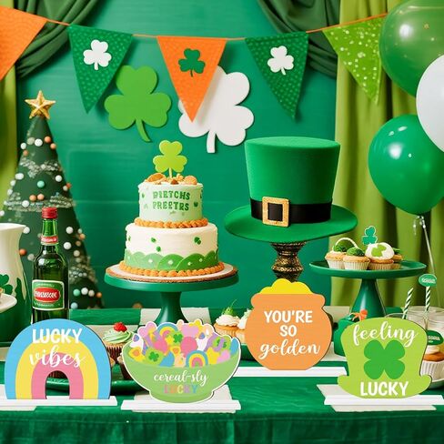 St. Patrick's Day Centerpieces - Lucky Charms Wooden Tiered Tray Signs Table Decorations, Cereal-sly Green Clover Detachable Table Topper for Home Kitchen Bedroom Irish Day Event Supplies in Kuwait