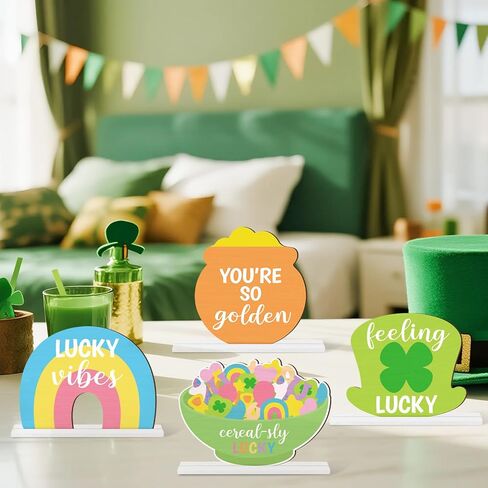 St. Patrick's Day Centerpieces - Lucky Charms Wooden Tiered Tray Signs Table Decorations, Cereal-sly Green Clover Detachable Table Topper for Home Kitchen Bedroom Irish Day Event Supplies in Kuwait