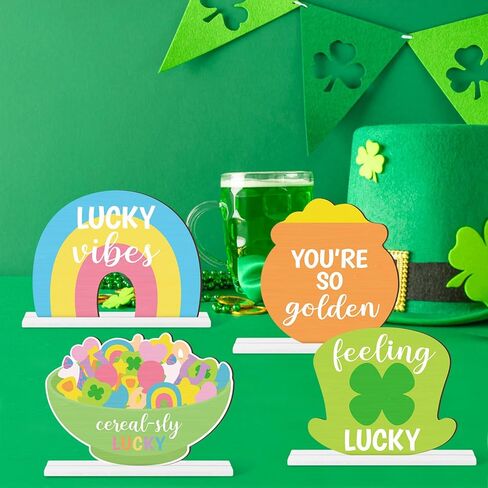 St. Patrick's Day Centerpieces - Lucky Charms Wooden Tiered Tray Signs Table Decorations, Cereal-sly Green Clover Detachable Table Topper for Home Kitchen Bedroom Irish Day Event Supplies in Kuwait