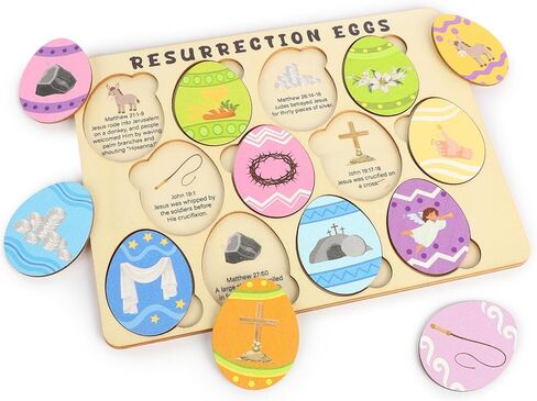 12 Pcs Wooden Resurrection Easter Story Eggs, Resurrection Story Eggs with Meaningful Symbols, Interactive Christian Easter Gifts in Kuwait