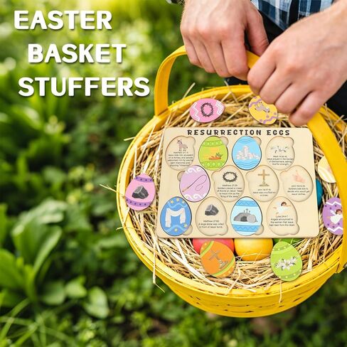 12 Pcs Wooden Resurrection Easter Story Eggs, Resurrection Story Eggs with Meaningful Symbols, Interactive Christian Easter Gifts in Kuwait