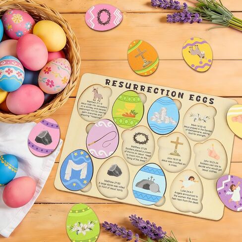 12 Pcs Wooden Resurrection Easter Story Eggs, Resurrection Story Eggs with Meaningful Symbols, Interactive Christian Easter Gifts in Kuwait