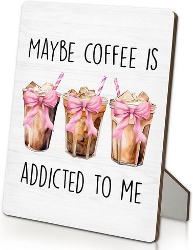 Coffee Bar Sign, Coquette Pink Bow Coffee Wooden Stand Sign 5"X7", Ice Espresso Signs Decorations for Cafe Coffees Station Shop Home Kitchen Table Desk Decor(5x7 Inch) in Saudi Arabia