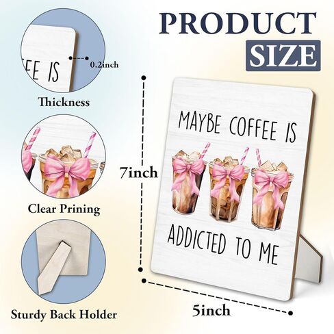 Coffee Bar Sign, Coquette Pink Bow Coffee Wooden Stand Sign 5"X7", Ice Espresso Signs Decorations for Cafe Coffees Station Shop Home Kitchen Table Desk Decor(5x7 Inch) in Saudi Arabia