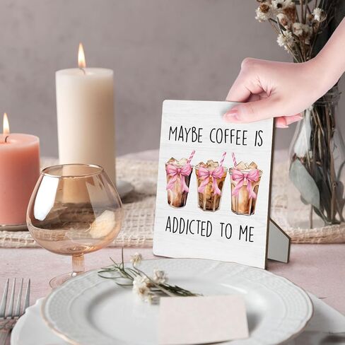 Coffee Bar Sign, Coquette Pink Bow Coffee Wooden Stand Sign 5"X7", Ice Espresso Signs Decorations for Cafe Coffees Station Shop Home Kitchen Table Desk Decor(5x7 Inch) in Saudi Arabia