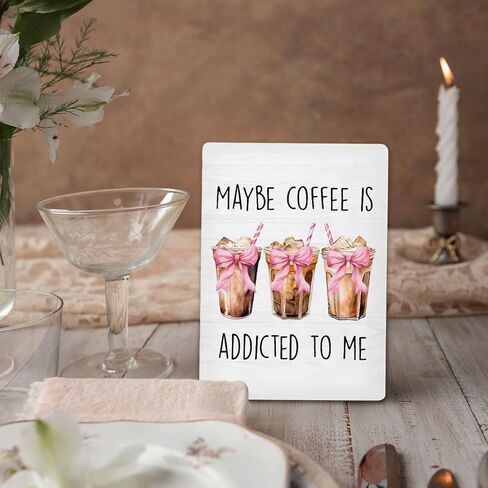Coffee Bar Sign, Coquette Pink Bow Coffee Wooden Stand Sign 5"X7", Ice Espresso Signs Decorations for Cafe Coffees Station Shop Home Kitchen Table Desk Decor(5x7 Inch) in Saudi Arabia