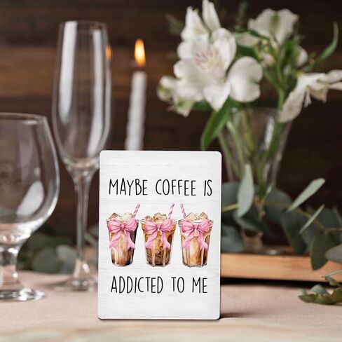 Coffee Bar Sign, Coquette Pink Bow Coffee Wooden Stand Sign 5"X7", Ice Espresso Signs Decorations for Cafe Coffees Station Shop Home Kitchen Table Desk Decor(5x7 Inch) in Saudi Arabia