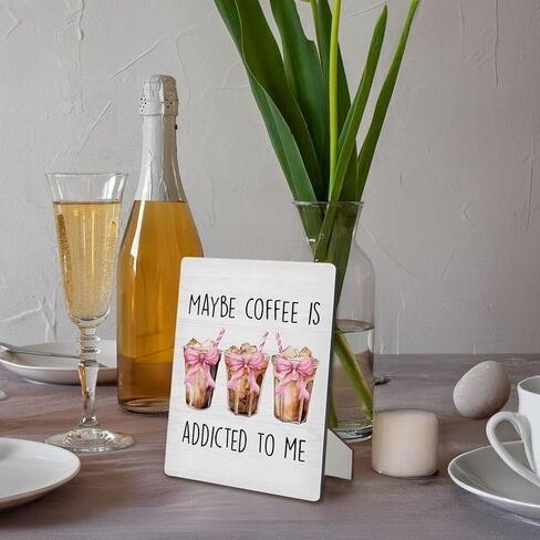 Coffee Bar Sign, Coquette Pink Bow Coffee Wooden Stand Sign 5"X7", Ice Espresso Signs Decorations for Cafe Coffees Station Shop Home Kitchen Table Desk Decor(5x7 Inch) in Saudi Arabia