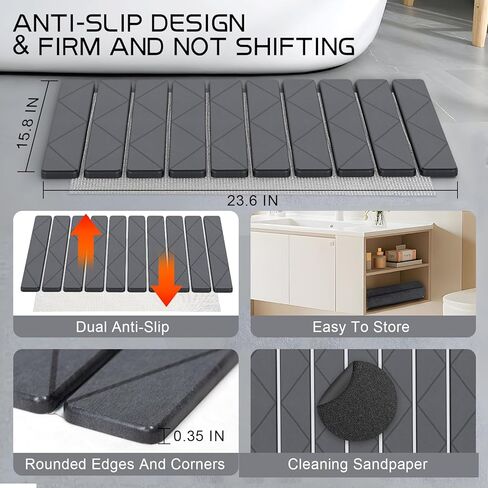 سجادة حمام حجرية، سجادات حمام حجرية قابلة للطي للحمام، سجادة أرضية دياتومي فائقة الامتصاص، غير قابلة للانزلاق مقاس 23.6 × 15.8 بوصة، سجادات حمام مدمجة وسهلة التخزين، سهلة التنظيف، رمادي in Kuwait