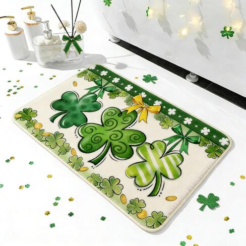 St Patricks Day Bathroom Rugs Shamrock St Patricks Day Bathroom Decor Green Clover Decorative Bath Mat Soft Absorbent Non-Slip Doormat for Indoor Home Bedroom Living Room Seasonal Decor 16x24 Inch in Kuwait