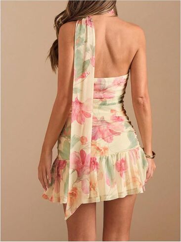 OYOANGLE Women's Floral Print Sleeveless Halter Short Dress Ruched Bodycon Ruffle Dress with Scarf in Saudi Arabia