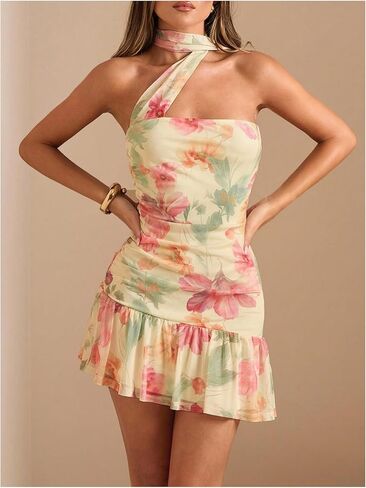 OYOANGLE Women's Floral Print Sleeveless Halter Short Dress Ruched Bodycon Ruffle Dress with Scarf in Saudi Arabia