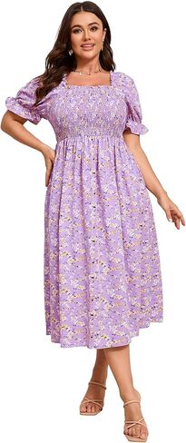 KOJOOIN Womens Puff Sleeve Summer Floral Dress Plus Size Smocked Ruffle Square Neck Casual Dress Cute Midi Dress in Saudi Arabia