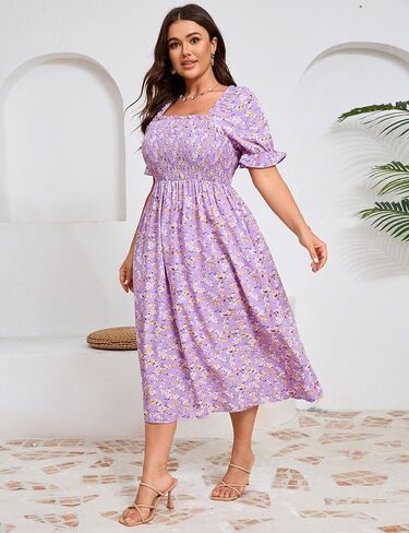 KOJOOIN Womens Puff Sleeve Summer Floral Dress Plus Size Smocked Ruffle Square Neck Casual Dress Cute Midi Dress in Saudi Arabia