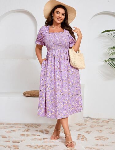 KOJOOIN Womens Puff Sleeve Summer Floral Dress Plus Size Smocked Ruffle Square Neck Casual Dress Cute Midi Dress in Saudi Arabia
