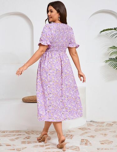 KOJOOIN Womens Puff Sleeve Summer Floral Dress Plus Size Smocked Ruffle Square Neck Casual Dress Cute Midi Dress in Saudi Arabia