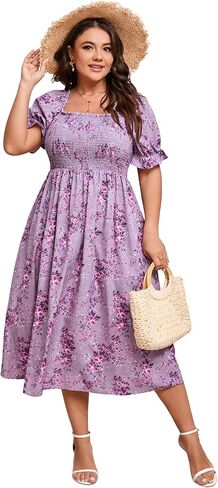 KOJOOIN Womens Puff Sleeve Summer Floral Dress Plus Size Smocked Ruffle Square Neck Casual Dress Cute Midi Dress in Saudi Arabia