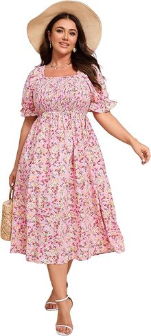 KOJOOIN Womens Puff Sleeve Summer Floral Dress Plus Size Smocked Ruffle Square Neck Casual Dress Cute Midi Dress in Saudi Arabia