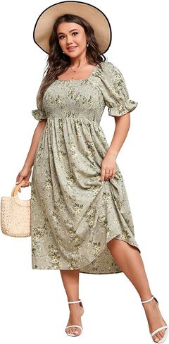 KOJOOIN Womens Puff Sleeve Summer Floral Dress Plus Size Smocked Ruffle Square Neck Casual Dress Cute Midi Dress in Saudi Arabia