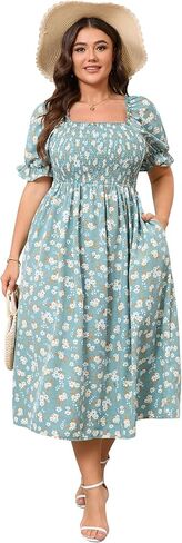 KOJOOIN Womens Puff Sleeve Summer Floral Dress Plus Size Smocked Ruffle Square Neck Casual Dress Cute Midi Dress in Saudi Arabia