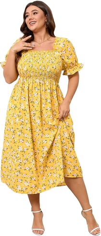 KOJOOIN Womens Puff Sleeve Summer Floral Dress Plus Size Smocked Ruffle Square Neck Casual Dress Cute Midi Dress in Saudi Arabia