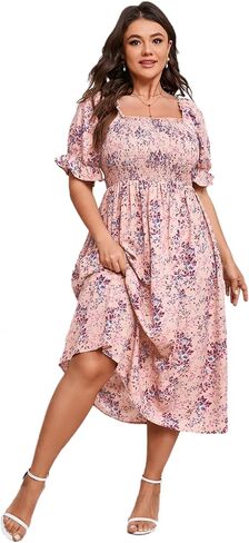 KOJOOIN Womens Puff Sleeve Summer Floral Dress Plus Size Smocked Ruffle Square Neck Casual Dress Cute Midi Dress in Saudi Arabia