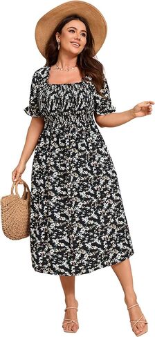 KOJOOIN Womens Puff Sleeve Summer Floral Dress Plus Size Smocked Ruffle Square Neck Casual Dress Cute Midi Dress in Saudi Arabia
