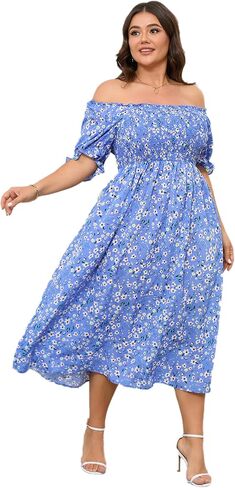 KOJOOIN Womens Puff Sleeve Summer Floral Dress Plus Size Smocked Ruffle Square Neck Casual Dress Cute Midi Dress in Saudi Arabia