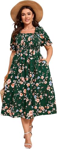 KOJOOIN Womens Puff Sleeve Summer Floral Dress Plus Size Smocked Ruffle Square Neck Casual Dress Cute Midi Dress in Saudi Arabia