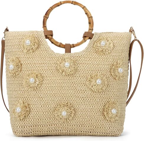 Beach Bags for Women, Summer Beach Woven Bag, Flower Pearls Straw Tote Bag for Summer Vacation in Saudi Arabia