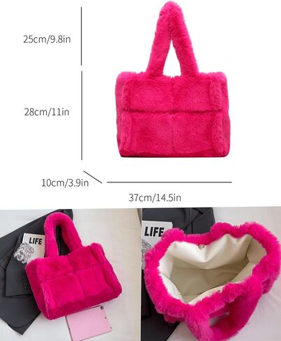 Soft Faux Fur Large Shoulder Tote Bag for Women Plush Handbag and Purse Furry Top Handle Bag in Saudi Arabia