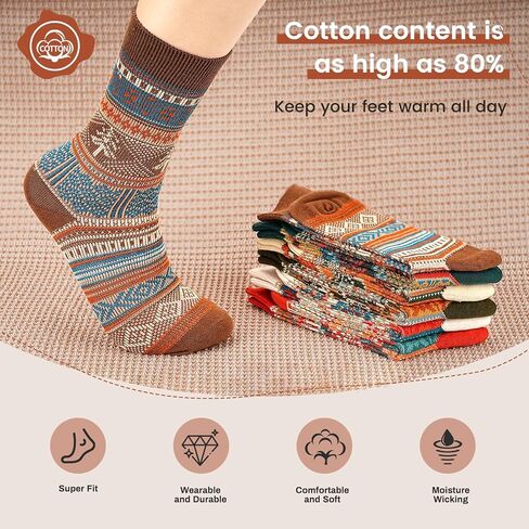 6 Pack Wool Socks for Men Women, Warm Cotton Socks Winter Cabin Socks, Vintage Fall Patterned Socks Unisex Knit Socks in Kuwait