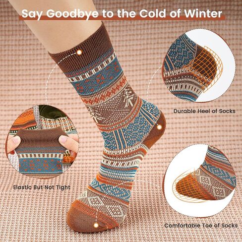 6 Pack Wool Socks for Men Women, Warm Cotton Socks Winter Cabin Socks, Vintage Fall Patterned Socks Unisex Knit Socks in Kuwait