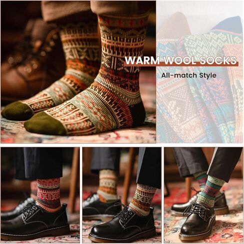 6 Pack Wool Socks for Men Women, Warm Cotton Socks Winter Cabin Socks, Vintage Fall Patterned Socks Unisex Knit Socks in Kuwait