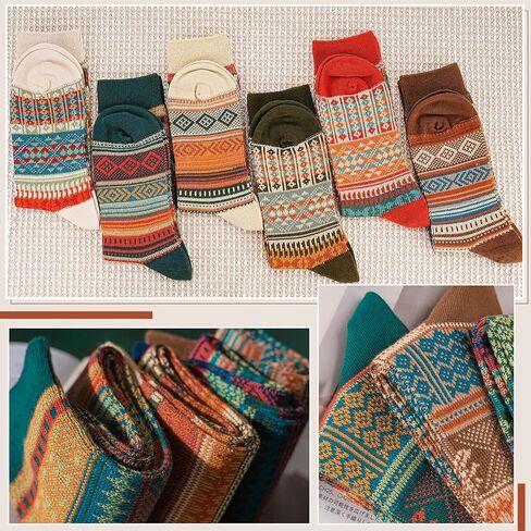 6 Pack Wool Socks for Men Women, Warm Cotton Socks Winter Cabin Socks, Vintage Fall Patterned Socks Unisex Knit Socks in Kuwait