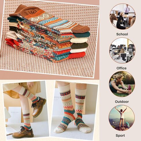 6 Pack Wool Socks for Men Women, Warm Cotton Socks Winter Cabin Socks, Vintage Fall Patterned Socks Unisex Knit Socks in Kuwait