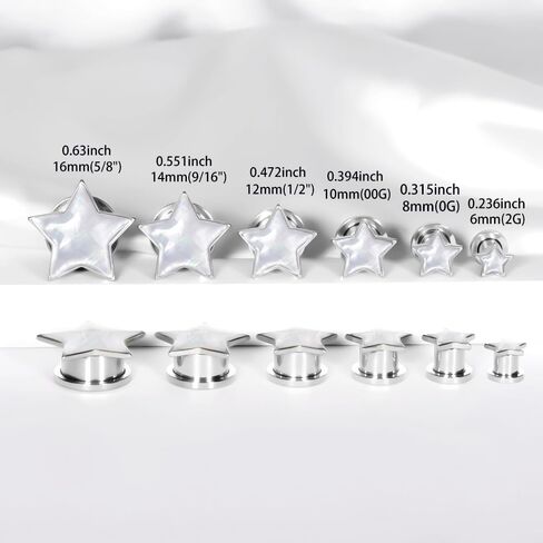 Shell Opal Star Ear Gauges Plugs, 2PCS Stainless Steel 0g 00g Tunnels Hypoallergenic Earrings Expander Stretchers Body Piercing Jewelry for Women and Men(8mm-16mm) in Kuwait