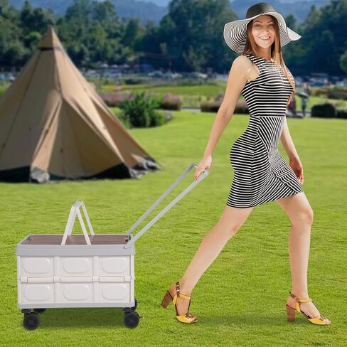 Large Capacity Rolling Cart 55L, Foldable Organizer Storage Box with Wheels, Collapsible Utility Cart for Grocery Shopping, Camping, Picnic & Garden Supplies (Grey) in Saudi Arabia