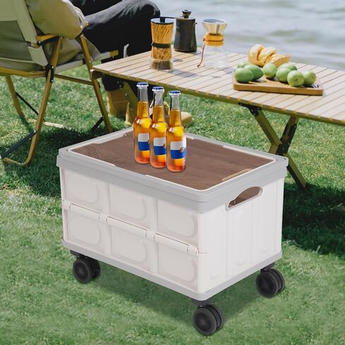 Large Capacity Rolling Cart 55L, Foldable Organizer Storage Box with Wheels, Collapsible Utility Cart for Grocery Shopping, Camping, Picnic & Garden Supplies (Grey) in Saudi Arabia