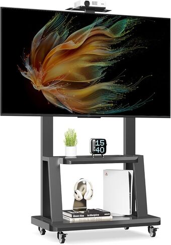 حامل تلفزيون متحرك لعربة التلفزيون المحمولة لشاشات مسطحة أو منحنية مقاس 32 إلى 75 بوصة، حامل تلفزيون قابل للتعديل لعربة التلفزيون المحمولة مع رف AV ورف الكاميرا يتحمل ما يصل إلى 220 رطلًا بحد أقصى VESA 600x400 مم in Kuwait