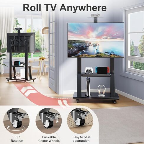 حامل تلفزيون متحرك لعربة التلفزيون المحمولة لشاشات مسطحة أو منحنية مقاس 32 إلى 75 بوصة، حامل تلفزيون قابل للتعديل لعربة التلفزيون المحمولة مع رف AV ورف الكاميرا يتحمل ما يصل إلى 220 رطلًا بحد أقصى VESA 600x400 مم in Kuwait