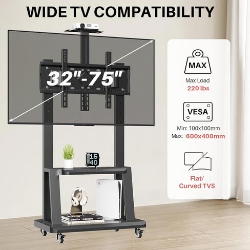 حامل تلفزيون متحرك لعربة التلفزيون المحمولة لشاشات مسطحة أو منحنية مقاس 32 إلى 75 بوصة، حامل تلفزيون قابل للتعديل لعربة التلفزيون المحمولة مع رف AV ورف الكاميرا يتحمل ما يصل إلى 220 رطلًا بحد أقصى VESA 600x400 مم in Kuwait